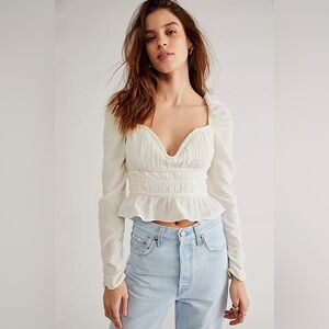 FREE PEOPLE Cream White Chloe Smocked Sweetheart Milkmaid Top Peasant Medium New